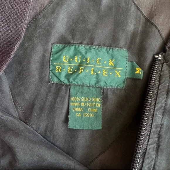 Vintage Quick Reflex 100% Silk Bomber Jacket Black Lightweight Zip Up Minimalist - Picture 7 of 8